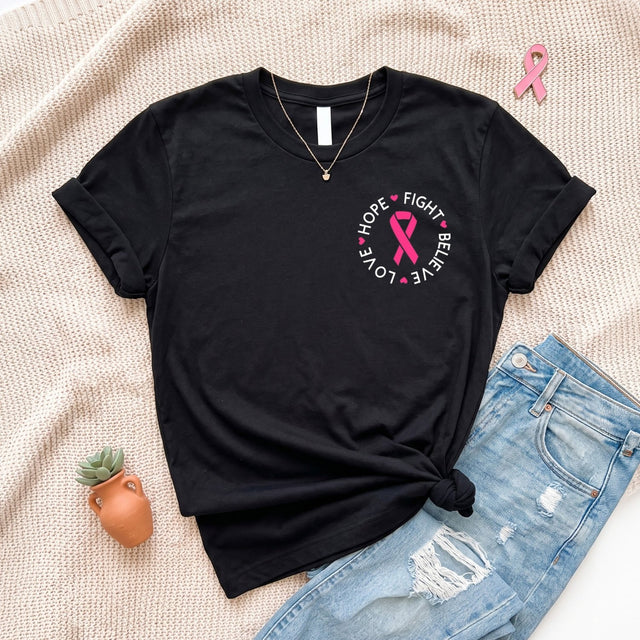 Hope Fight Believe Love Pocket Breast Cancer Awareness Month T-Shirt - Gifts Are Blue