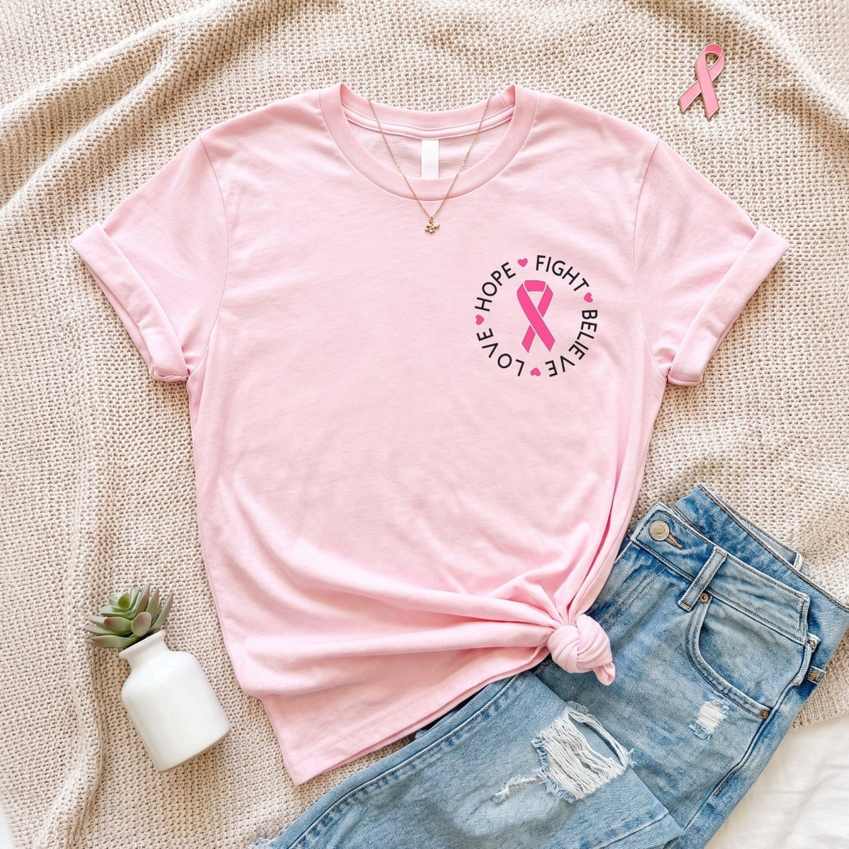 Hope Fight Believe Love Pocket Breast Cancer Awareness Month T-Shirt - Gifts Are Blue