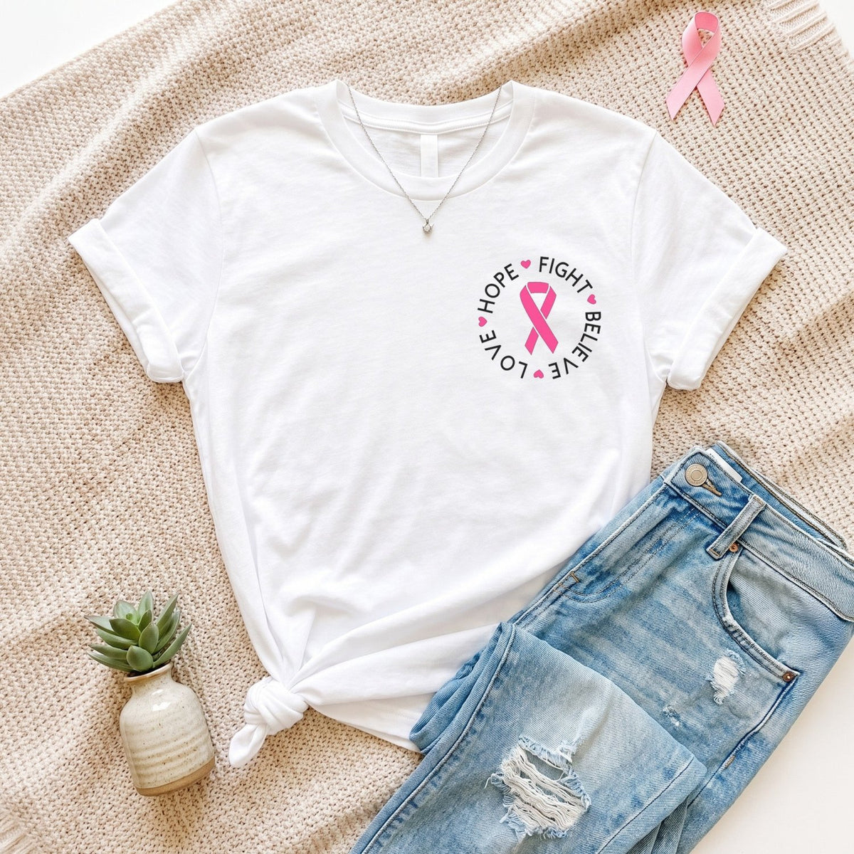 Hope Fight Believe Love Pocket Breast Cancer Awareness Month T-Shirt - Gifts Are Blue