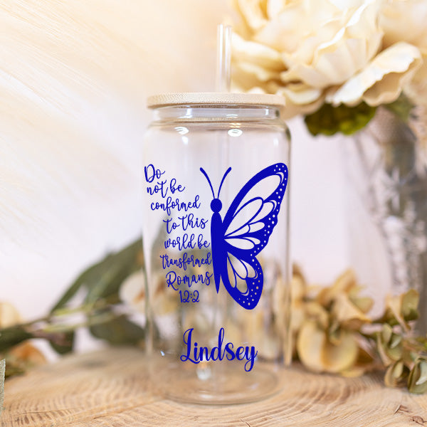 Christian Gift for Her with Romans 12 2 Bible Verse Printed on the Front with Partial Butterfly - 16oz Glass Coffee Tumbler