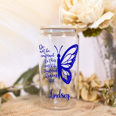 Cute Christian Romans 12:2 Bible Verse Clear Iced Coffee Glass Tumbler for Her - Gifts Are Blue