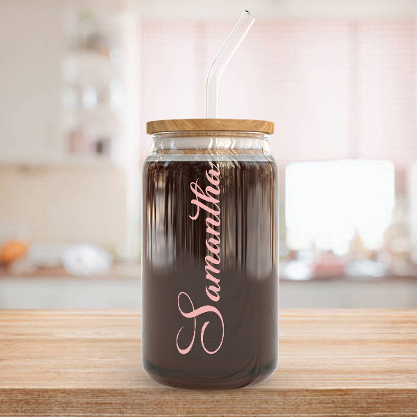 Personalized Iced Coffee Cup with Name.  This is a 16oz glass tumbler with lid and straw.  Great as Mothers Day Gift, Bridesmaid Gifts and more.