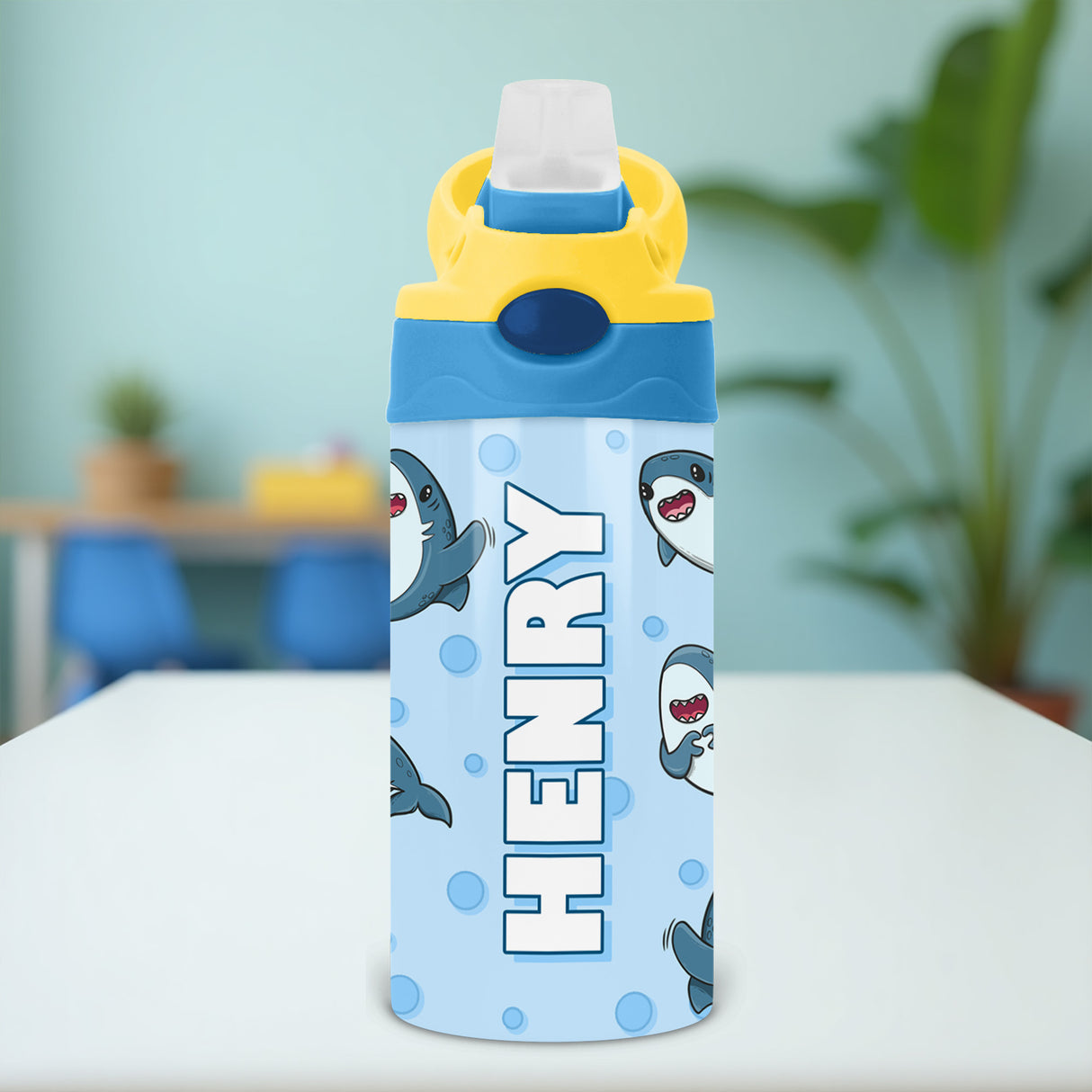 Personalized shark water bottle for kids with name, ideal for school, camp, or custom back to school gifts.