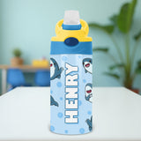 Personalized shark water bottle for kids with name, ideal for school, camp, or custom back to school gifts.