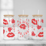 Valentines Day Glass Iced Coffee Cups - Lid and Straw Included - Pick Your Design - Galantines Gift