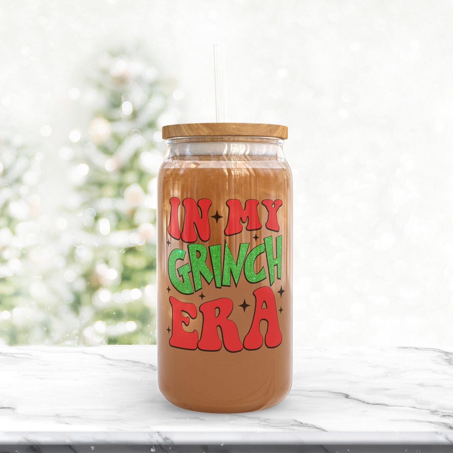 Funny In My Grinch Era Frosted and Clear Iced Coffee Glass Christmas Tumbler