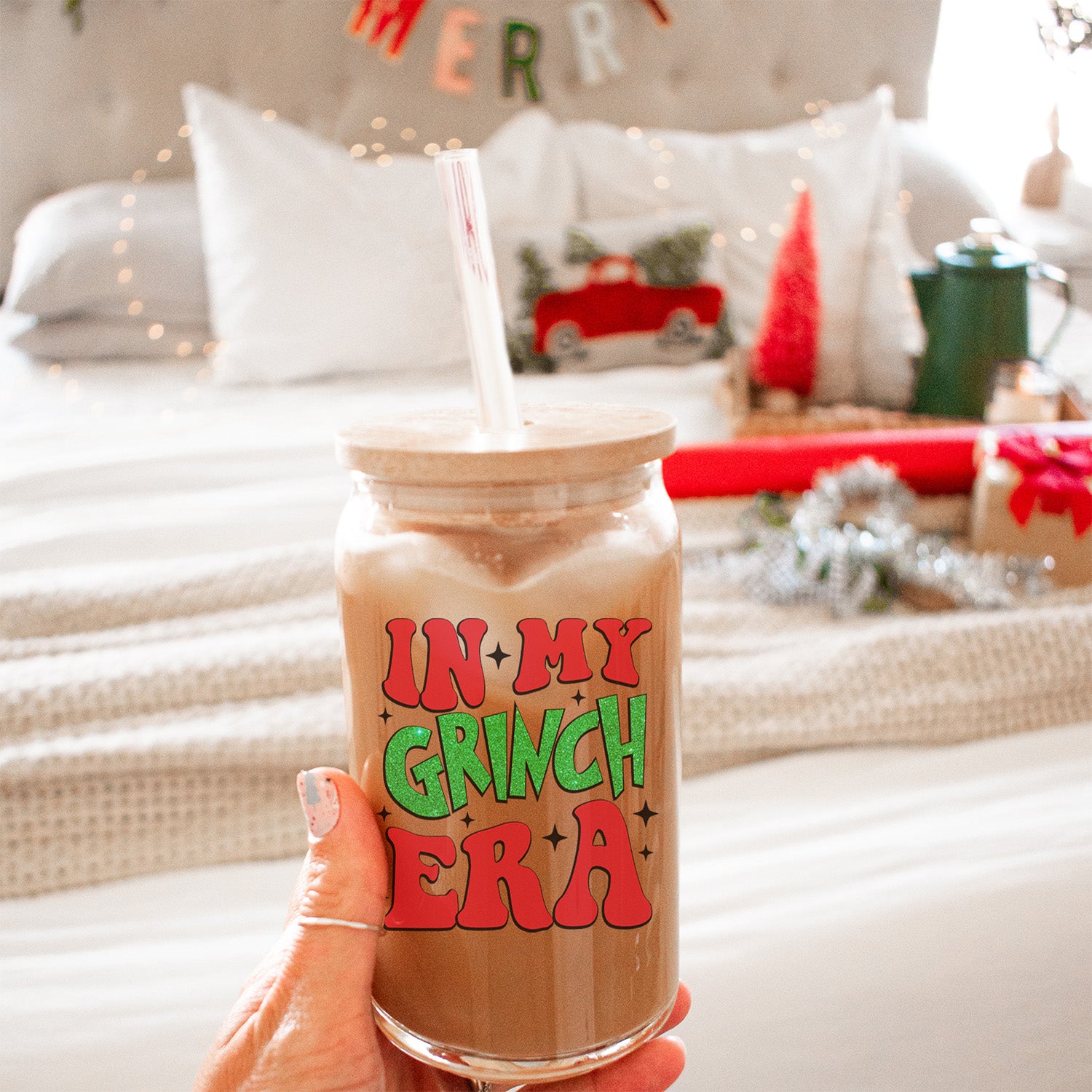 Funny In My Grinch Era Frosted and Clear Iced Coffee Glass Christmas Tumbler