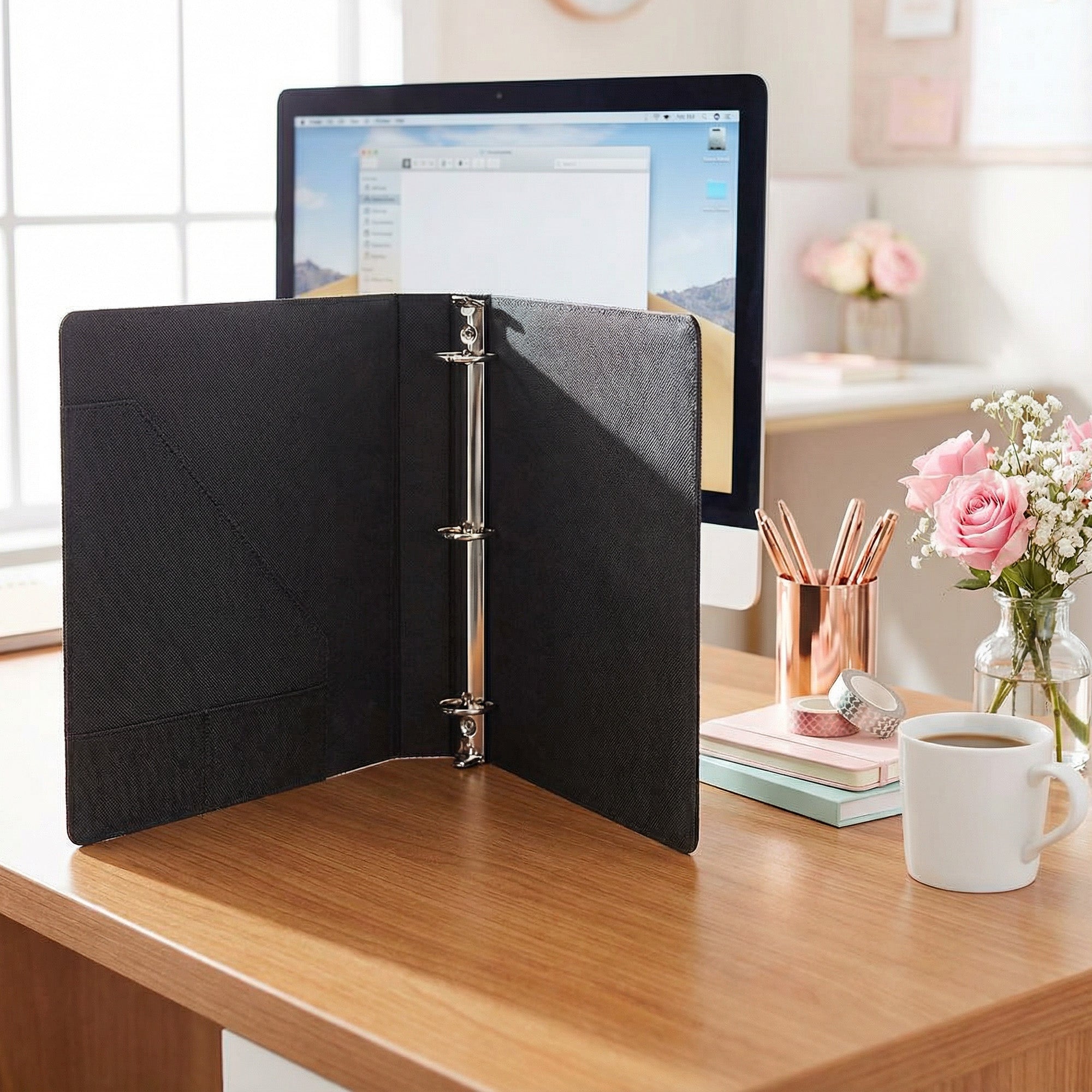Split Initials w Name Birth Flower Personalized Binder for Her, Faux Leather