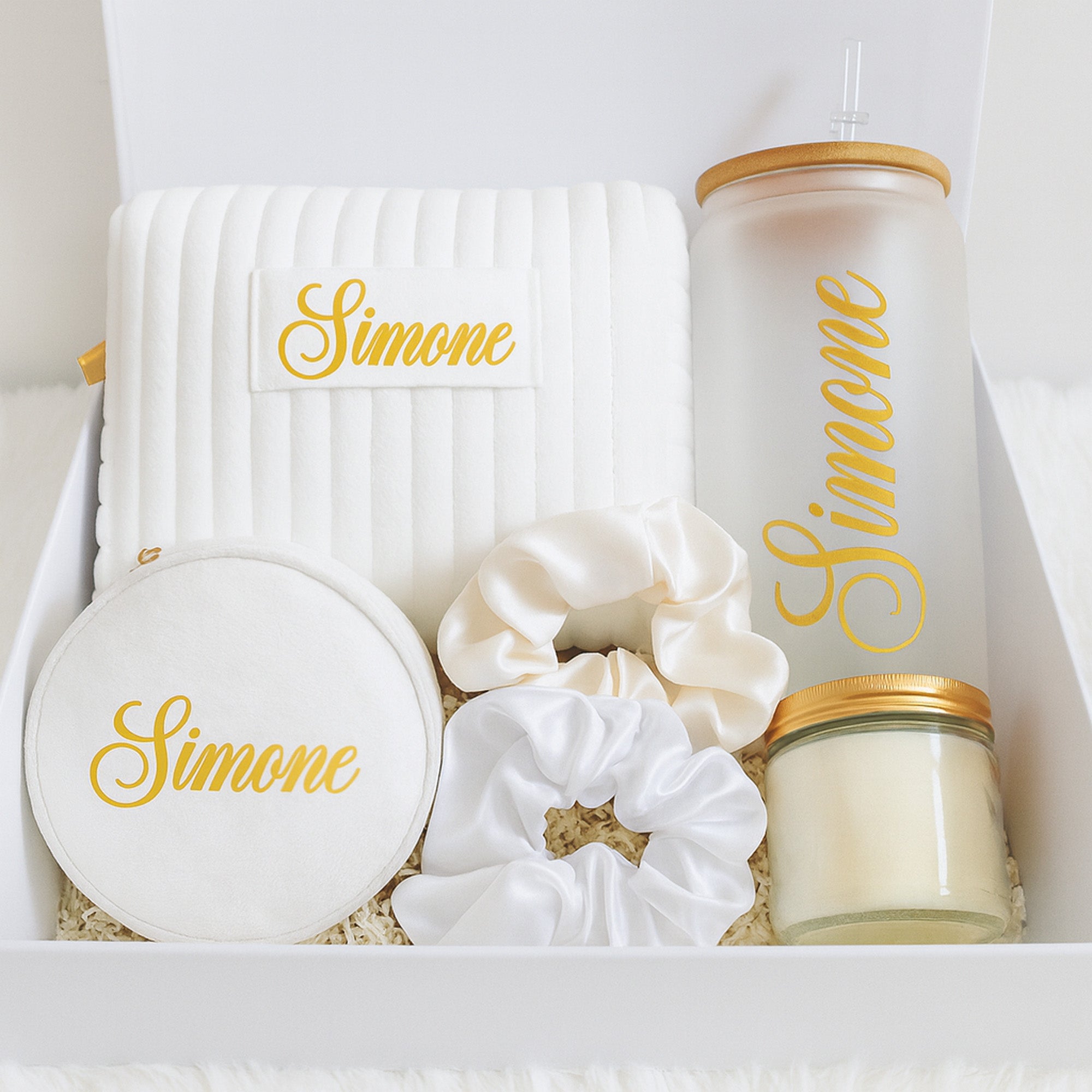 Personalized bride to be gifts. Cute white and gold theme bride gift box for engagement gifts, wedding gifts, bachelorette party gifts and more.