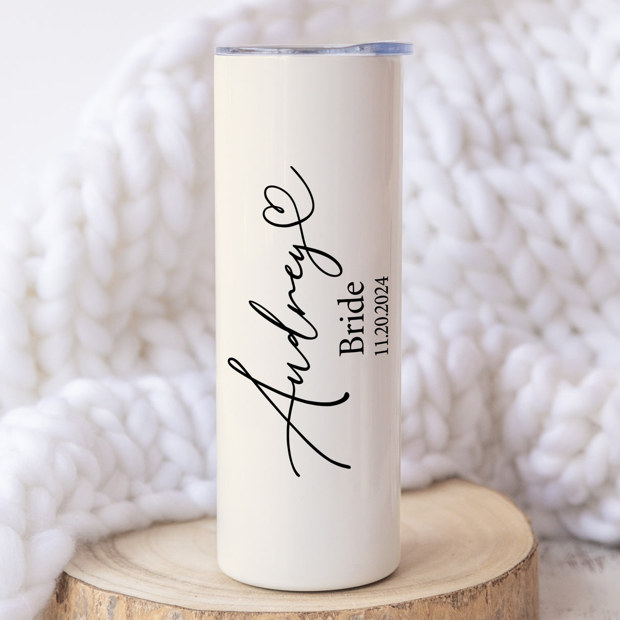 Bridesmaid gift tumbler with personalized name and bridal role. Custom bachelorette party tumbler with date and cursive font