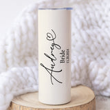 Bridesmaid gift tumbler with personalized name and bridal role. Custom bachelorette party tumbler with date and cursive font
