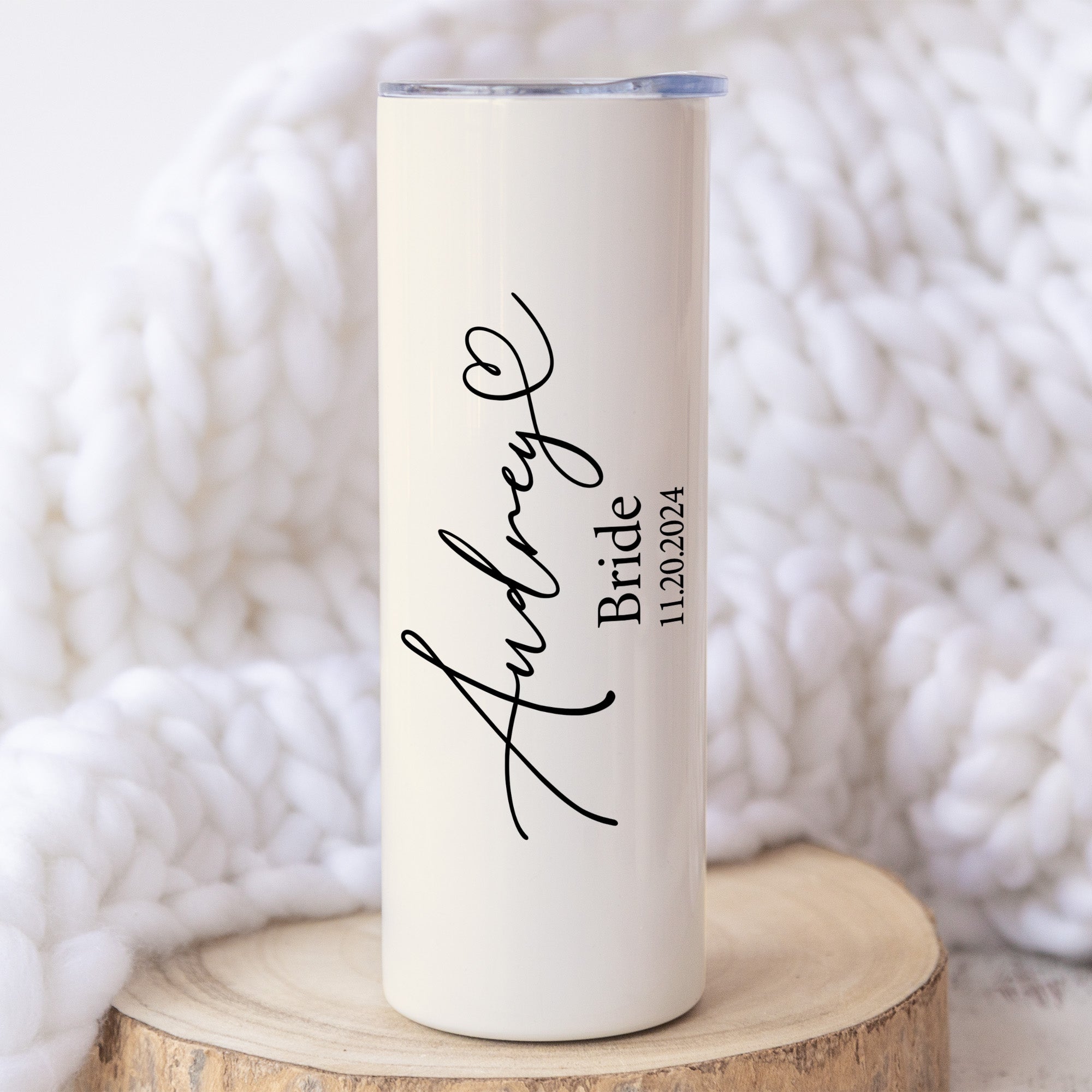 Bridesmaid gift tumbler with personalized name and bridal role. Custom bachelorette party tumbler with date and cursive font