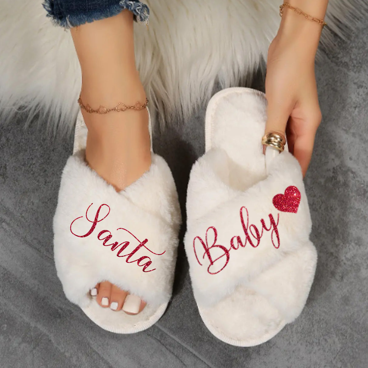 Cute and fluffy Santa baby Christmas slippers.