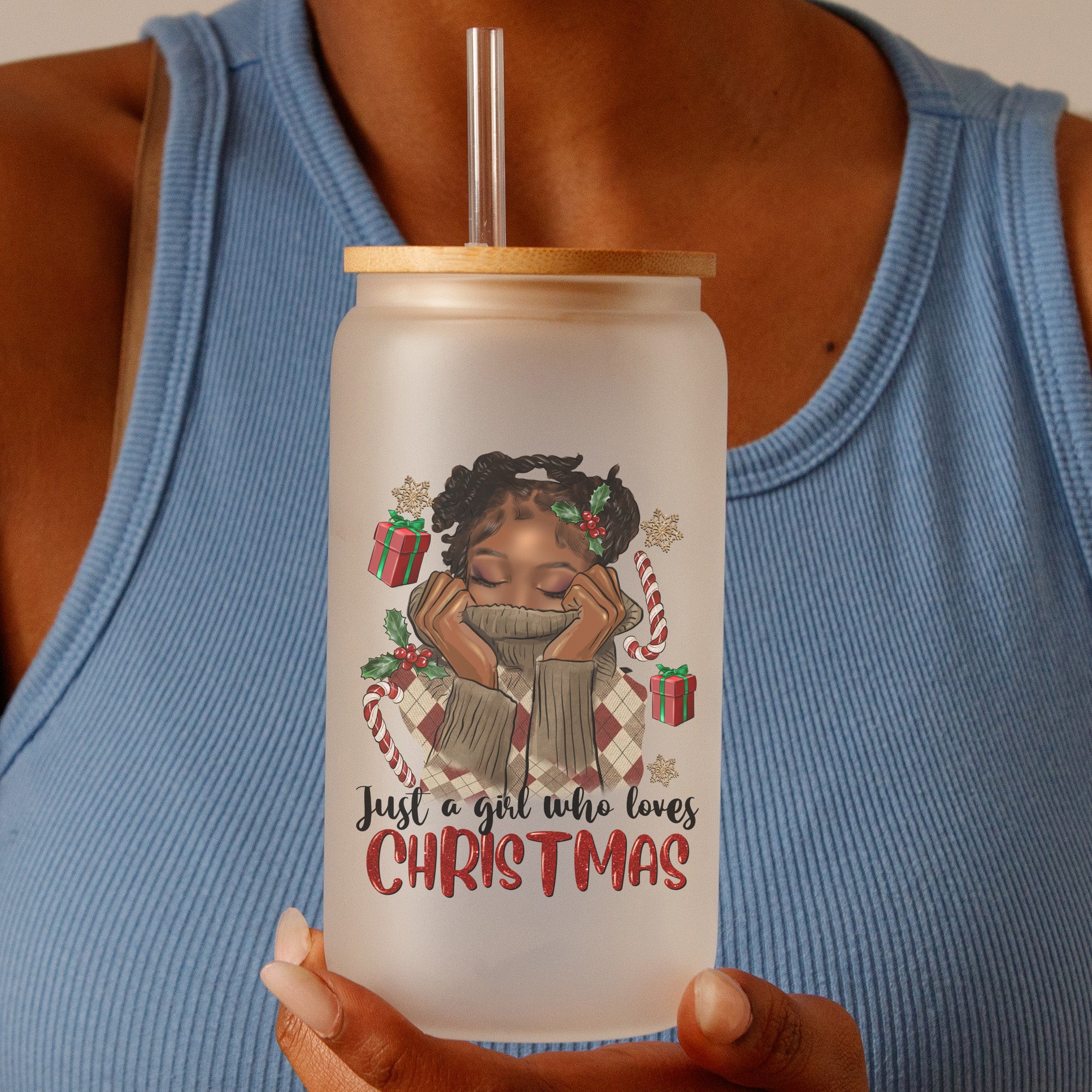 Just a Girl Who Loves Christmas Glass Can Tumbler, with Black Girl w Braided Hair Style - 16oz w Lid & Straw
