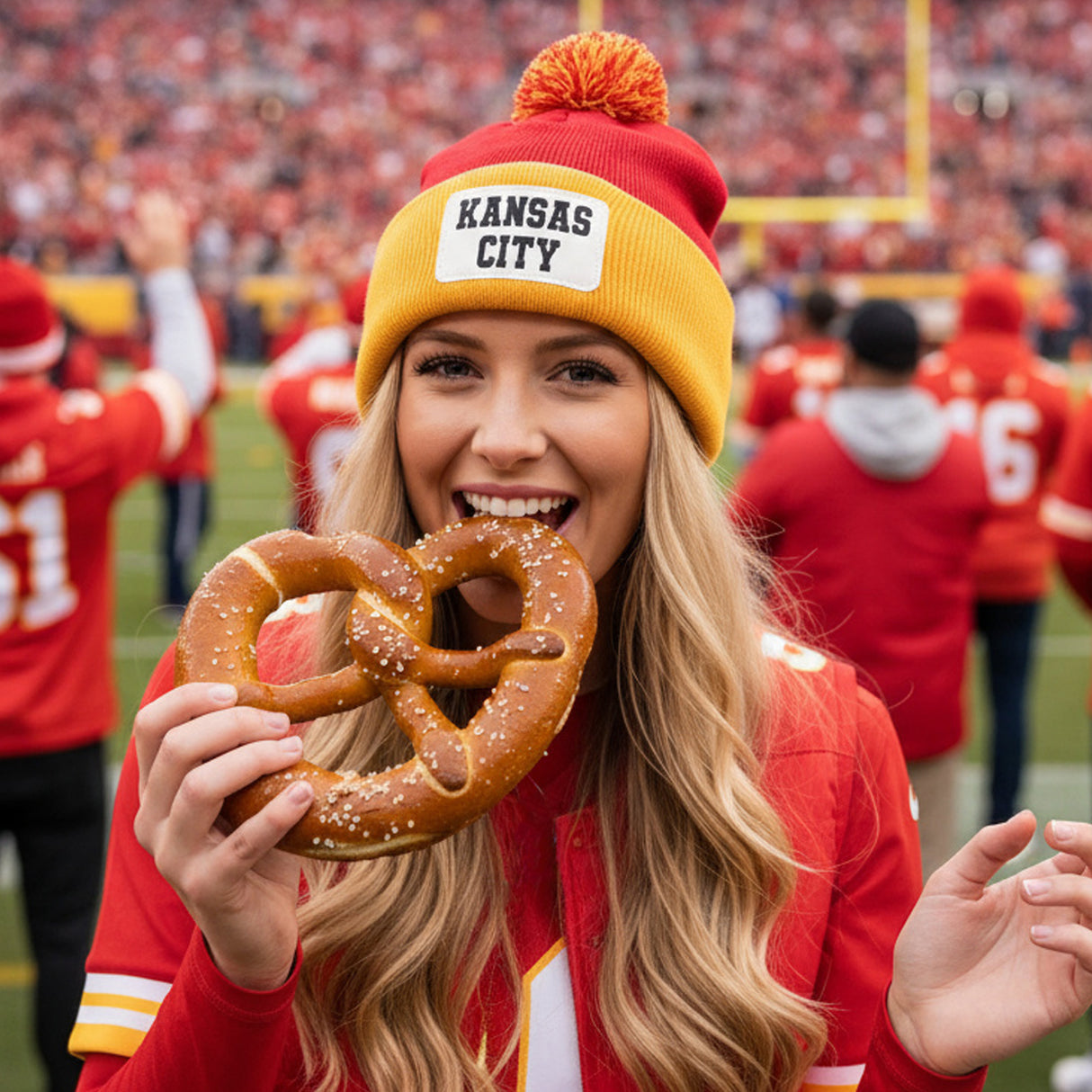 Cuffed Pompom Football and College Beanie w Custom Text, Personalized Gifts for Him and Her
