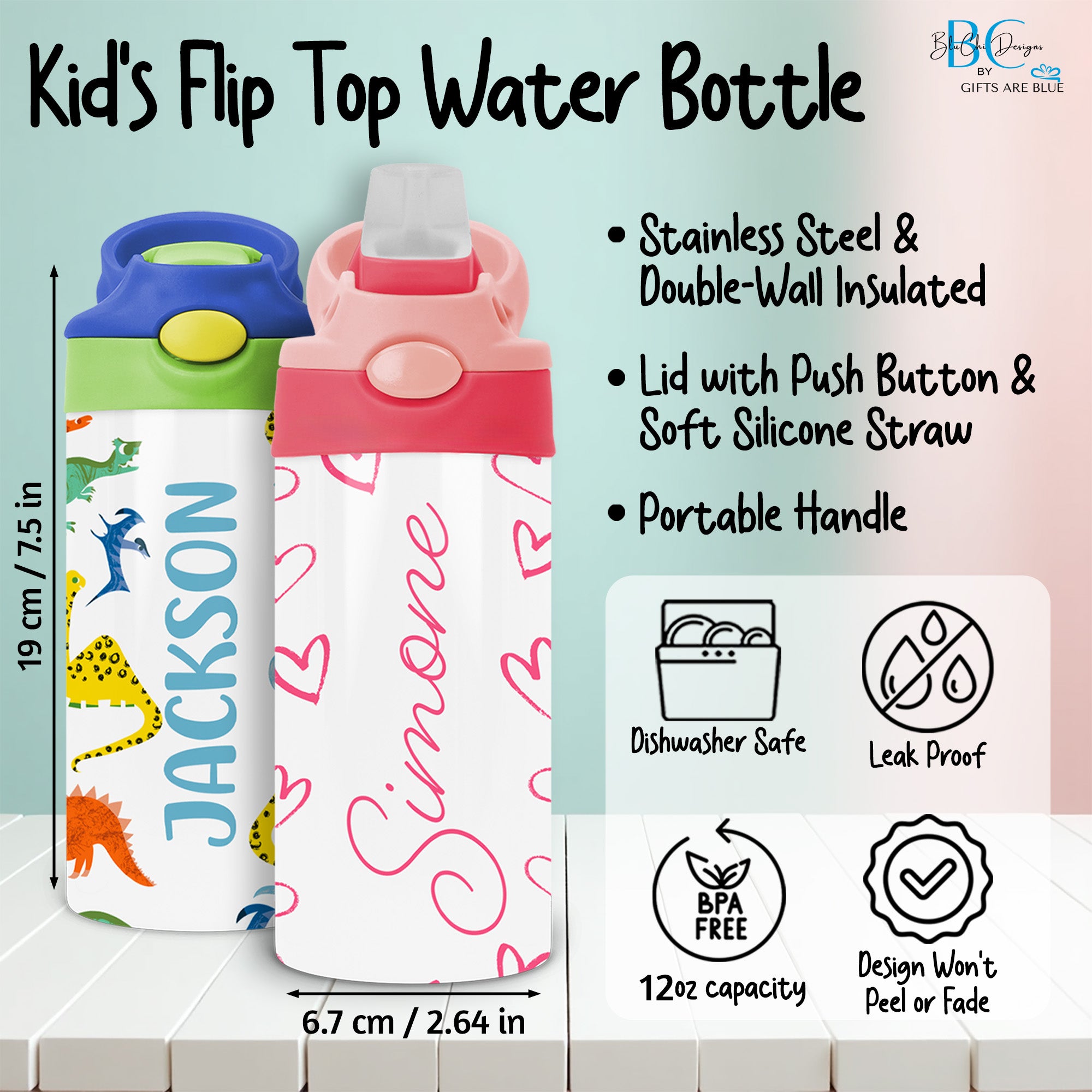 Striped Water Bottle, Personalized Kids Bottle with Name for Back to School