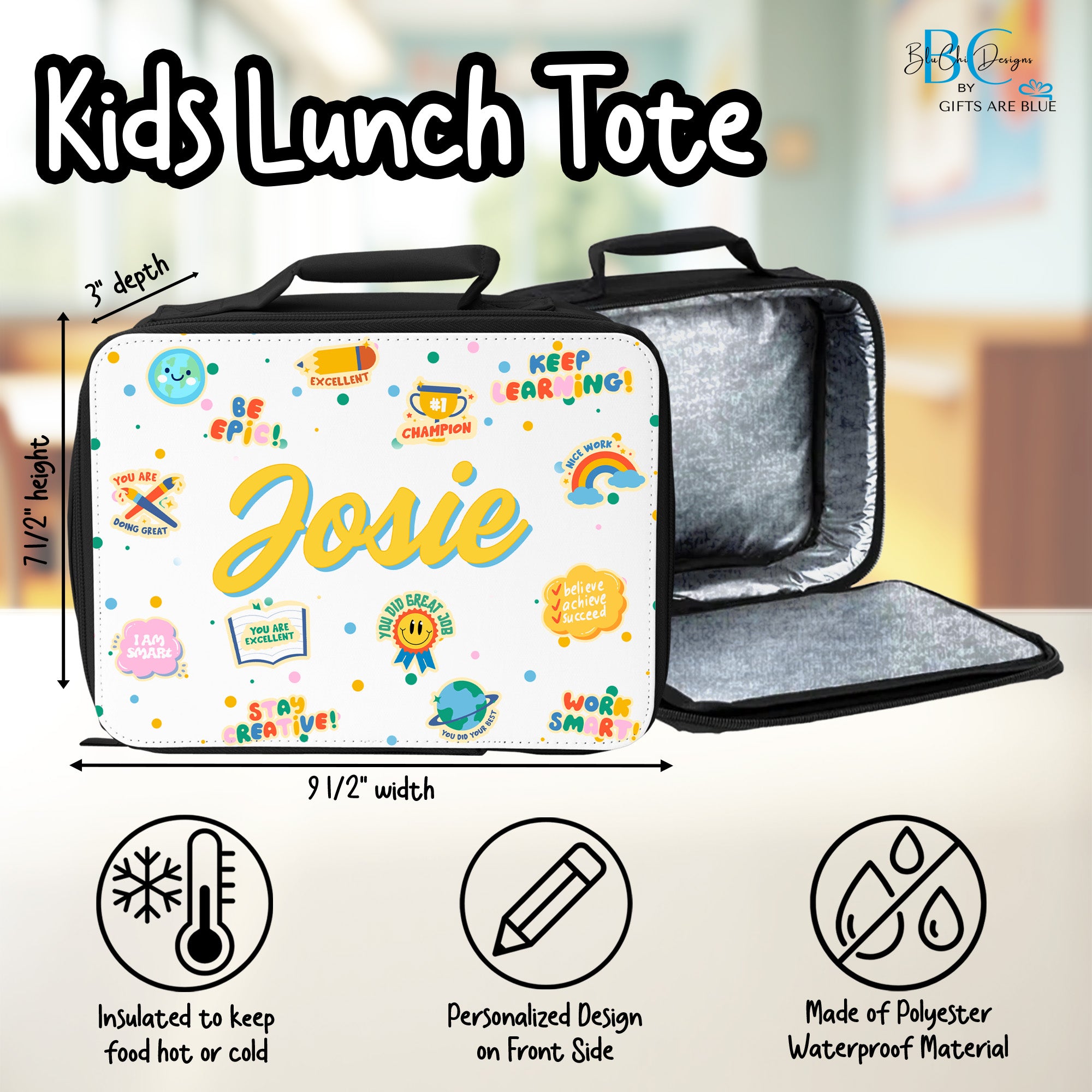 Daily Affirmations Lunch Box and Water Bottle Set for Kids, Custom Lunch Set with Name