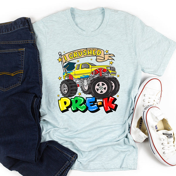 Great back to school shirt for kindergarten with colorful design featuring monster truck and I crushed pre-k text. all SKUs