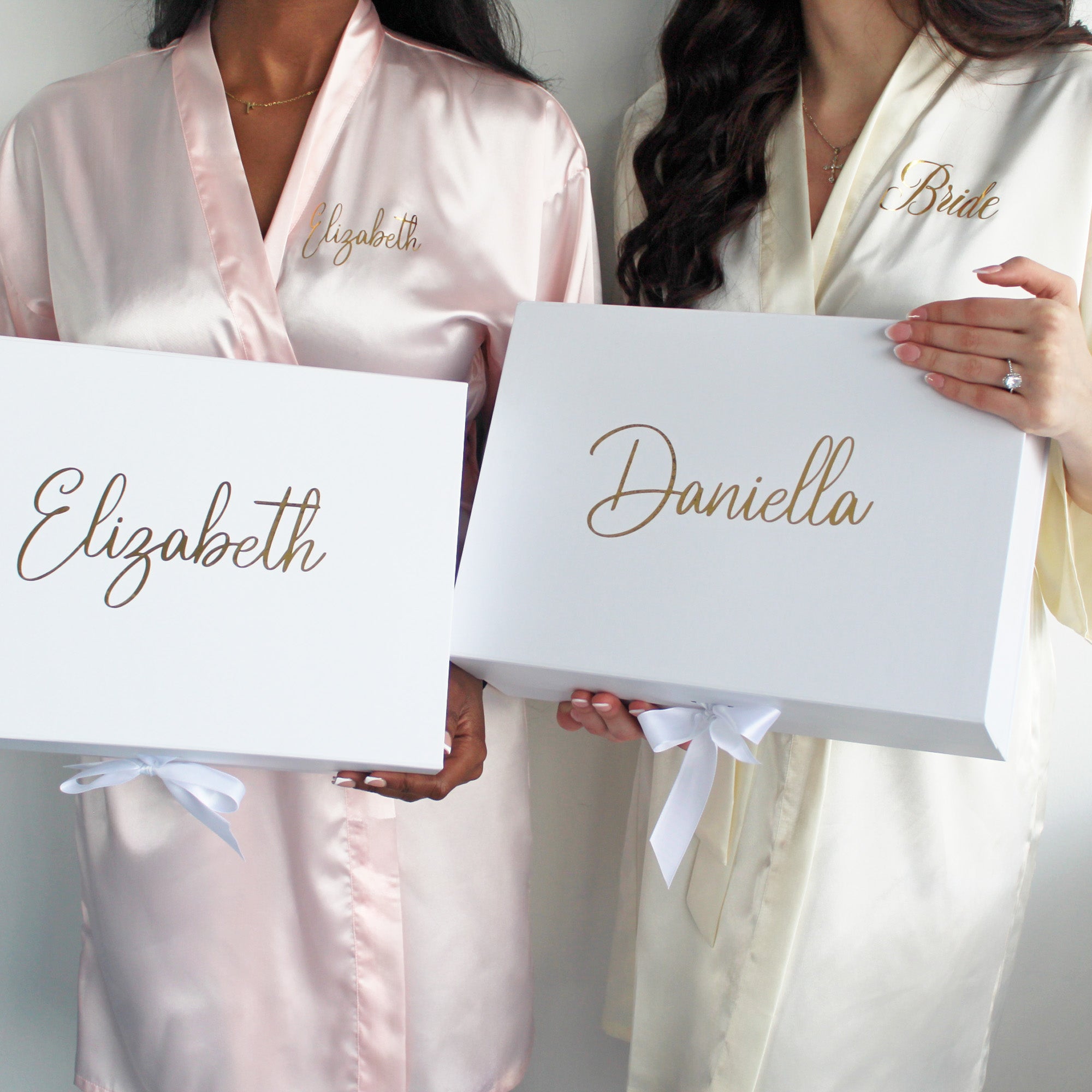 Bridal party gift box for bridesmaid and maid of honor proposals, featuring custom text, name personalization, and elegant packaging for wedding keepsakes and engagement gift sets.