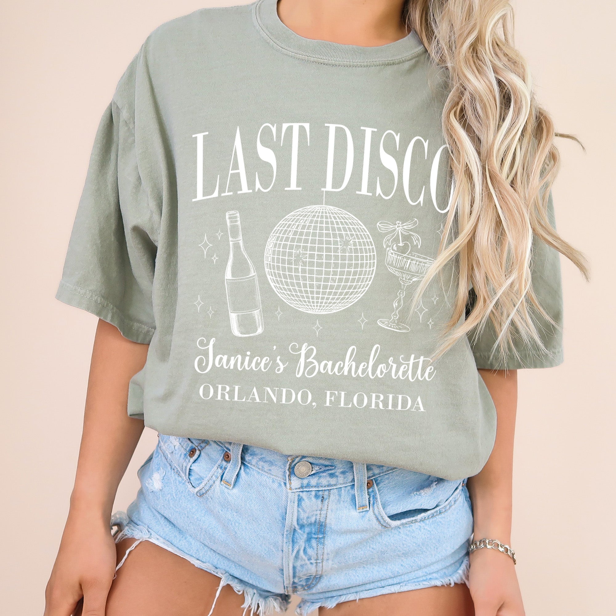 Custom bride and bridesmaid shirts printed with names for a disco bachelorette party, designed as stylish bachelorette gifts for your bridal crew.