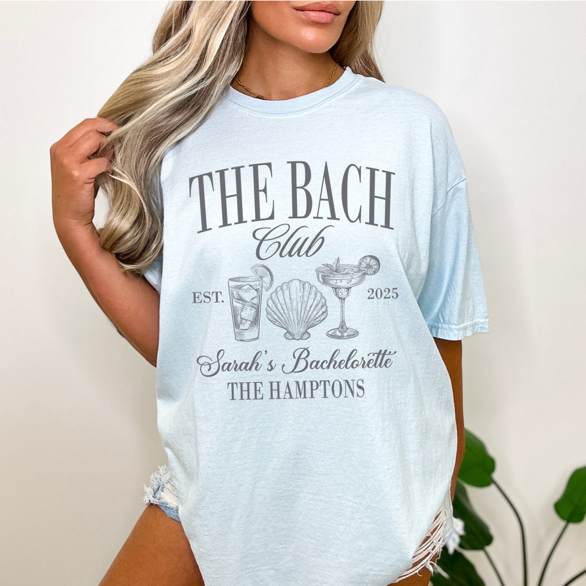 Custom bachelorette shirts with names are the perfect gift for bridesmaids and the bride for a beach, pool, or tropical weekend.