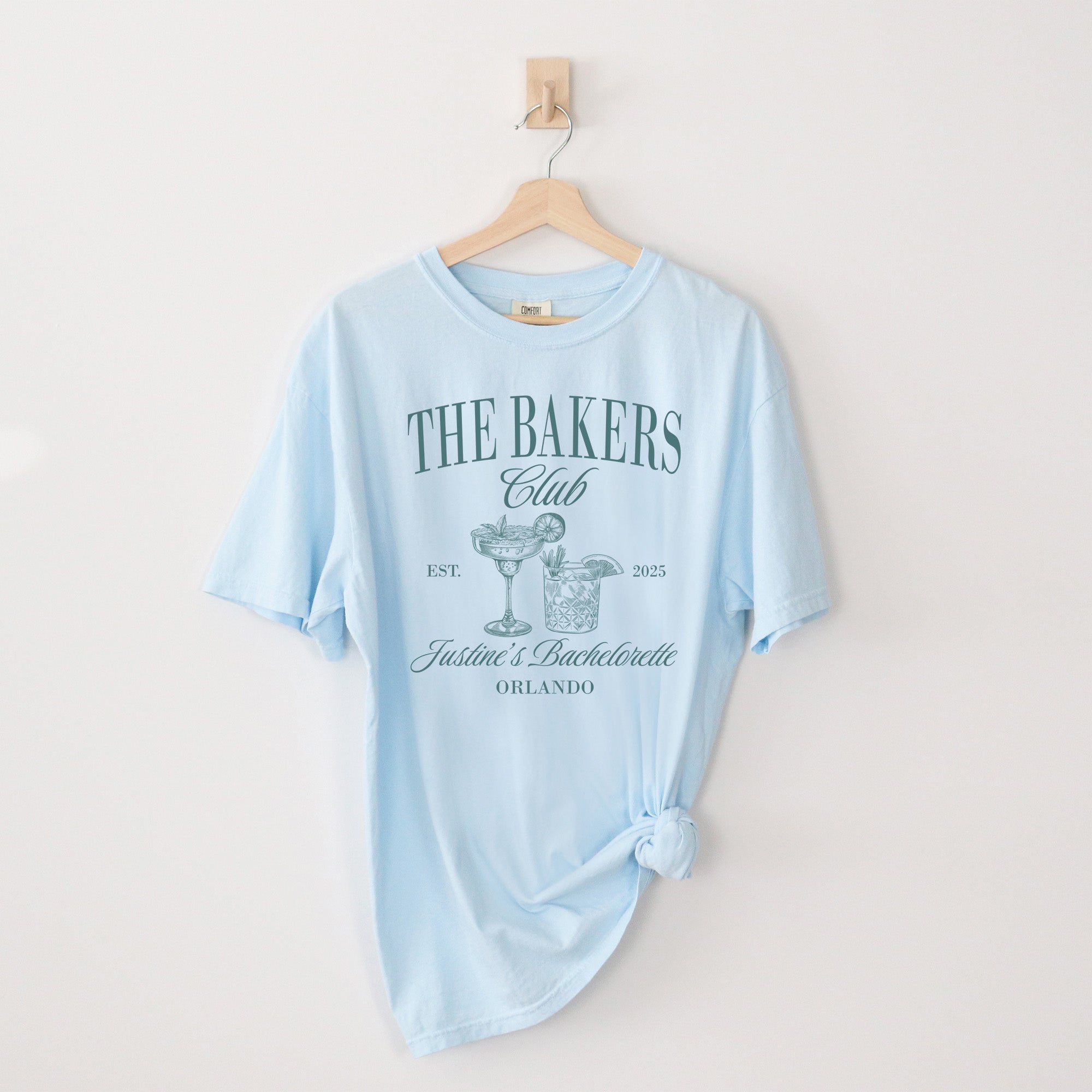 Custom last name shirts for bride and bridal party, perfect for Nashville bachelorette trips, beach weekends, and wedding events. 