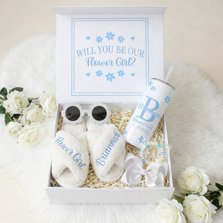 Sweet Pea Flower Girl Proposal Box with Fluffy Slippers & Tumbler