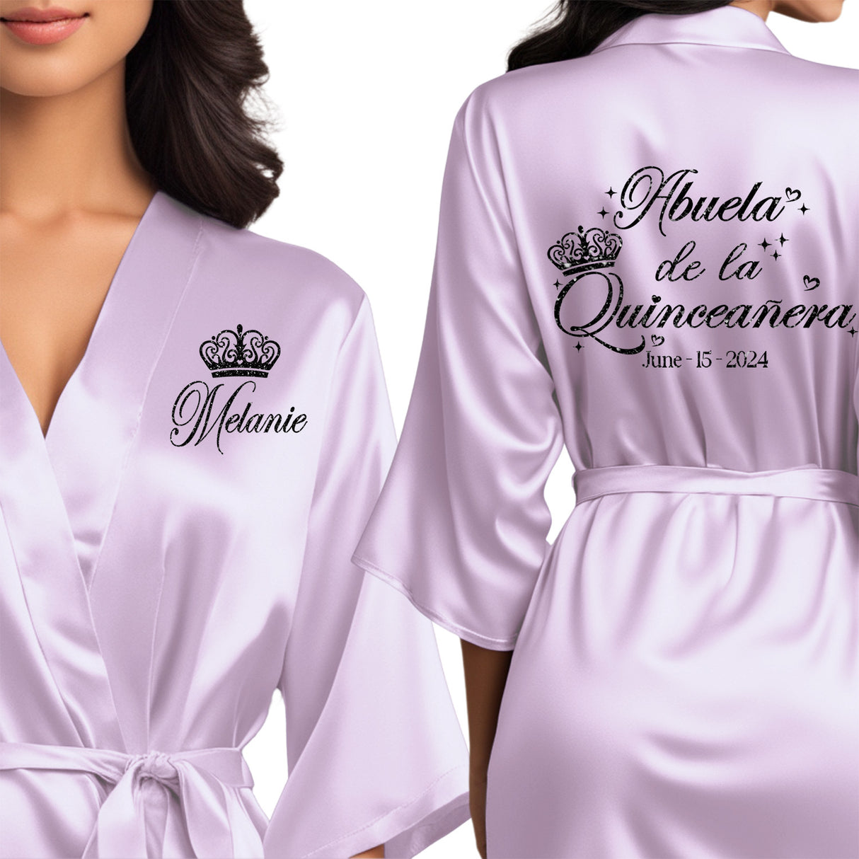 Front and back personalized satin quinceanera robes at knee length. Abuela de la quinceanera getting ready robes.