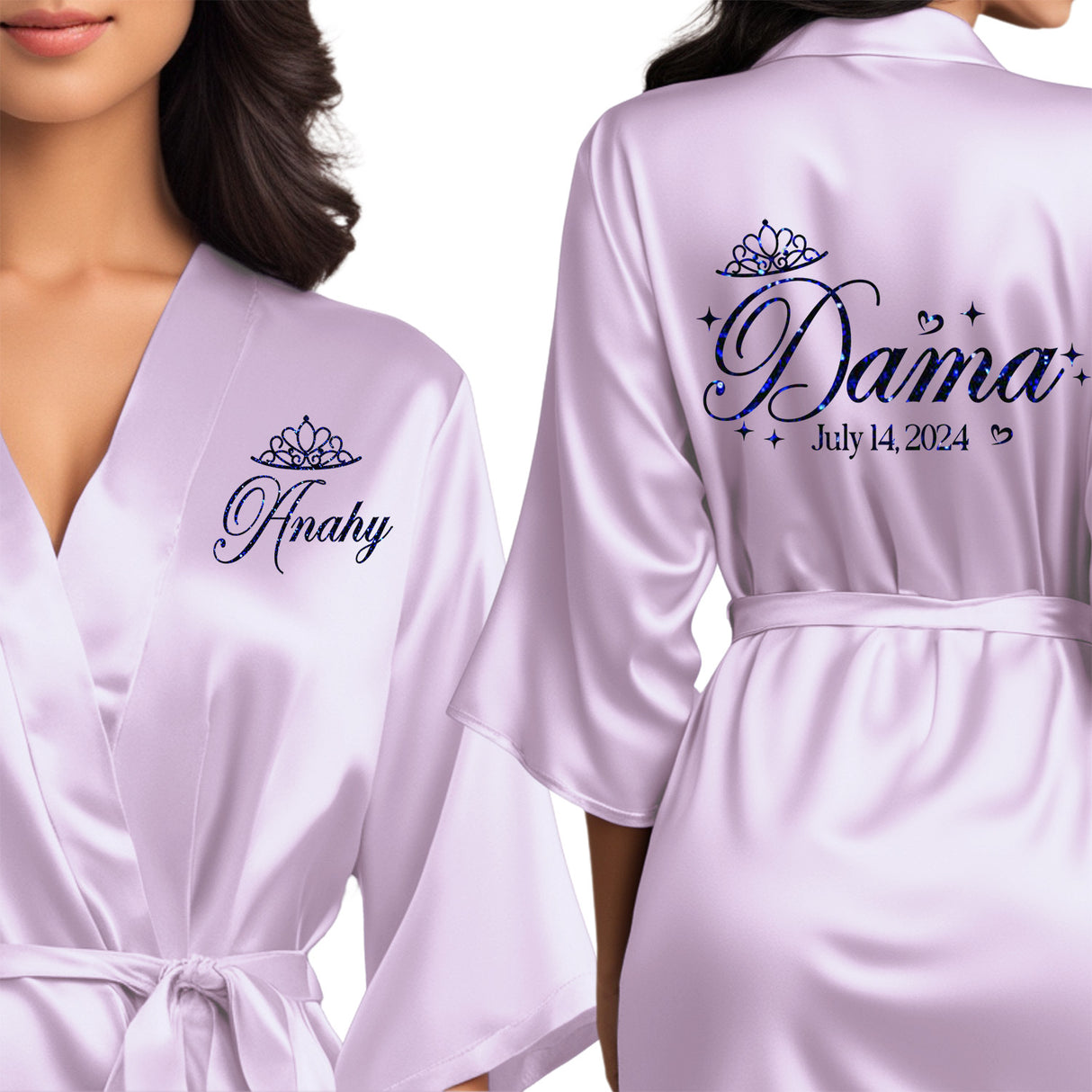 Lilac quinceanera robes for damas. Beautiful satin lilac robes with blue glitter.