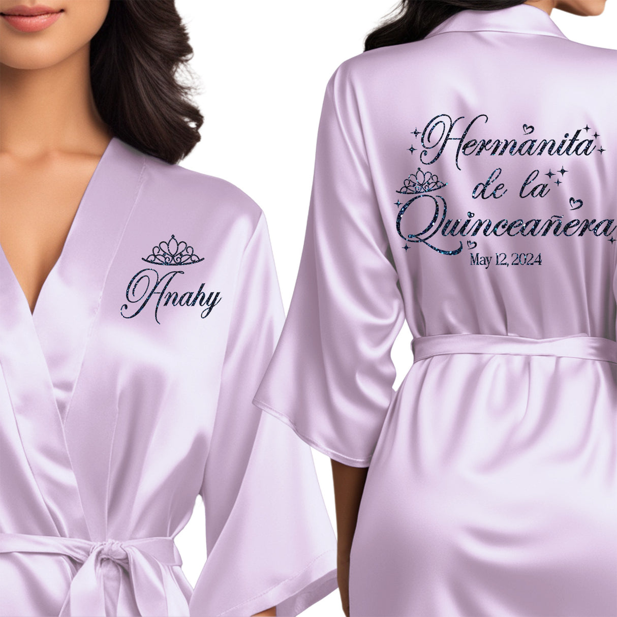 Women's quinceanera satin robes. Personalize with your name and event date. Lilac quince robes for little sister.