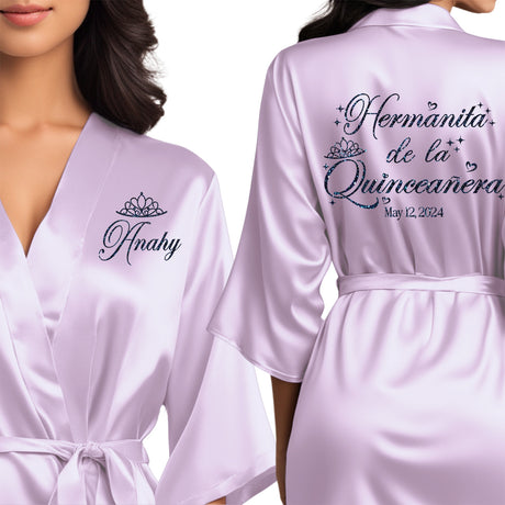 Women's quinceanera satin robes. Personalize with your name and event date. Lilac quince robes for little sister.