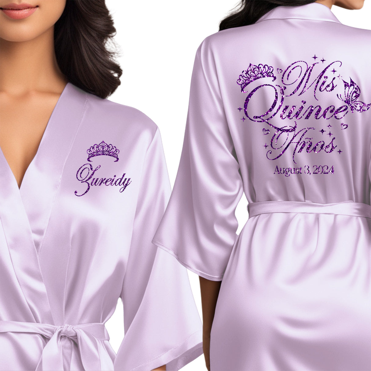 Personalized satin lilac quinceanera robes. The perfect getting ready mis quince anos robes with purple glitter. Great quinceanera gifts.