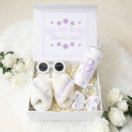 Sweet Pea Flower Girl Proposal Box with Fluffy Slippers & Tumbler