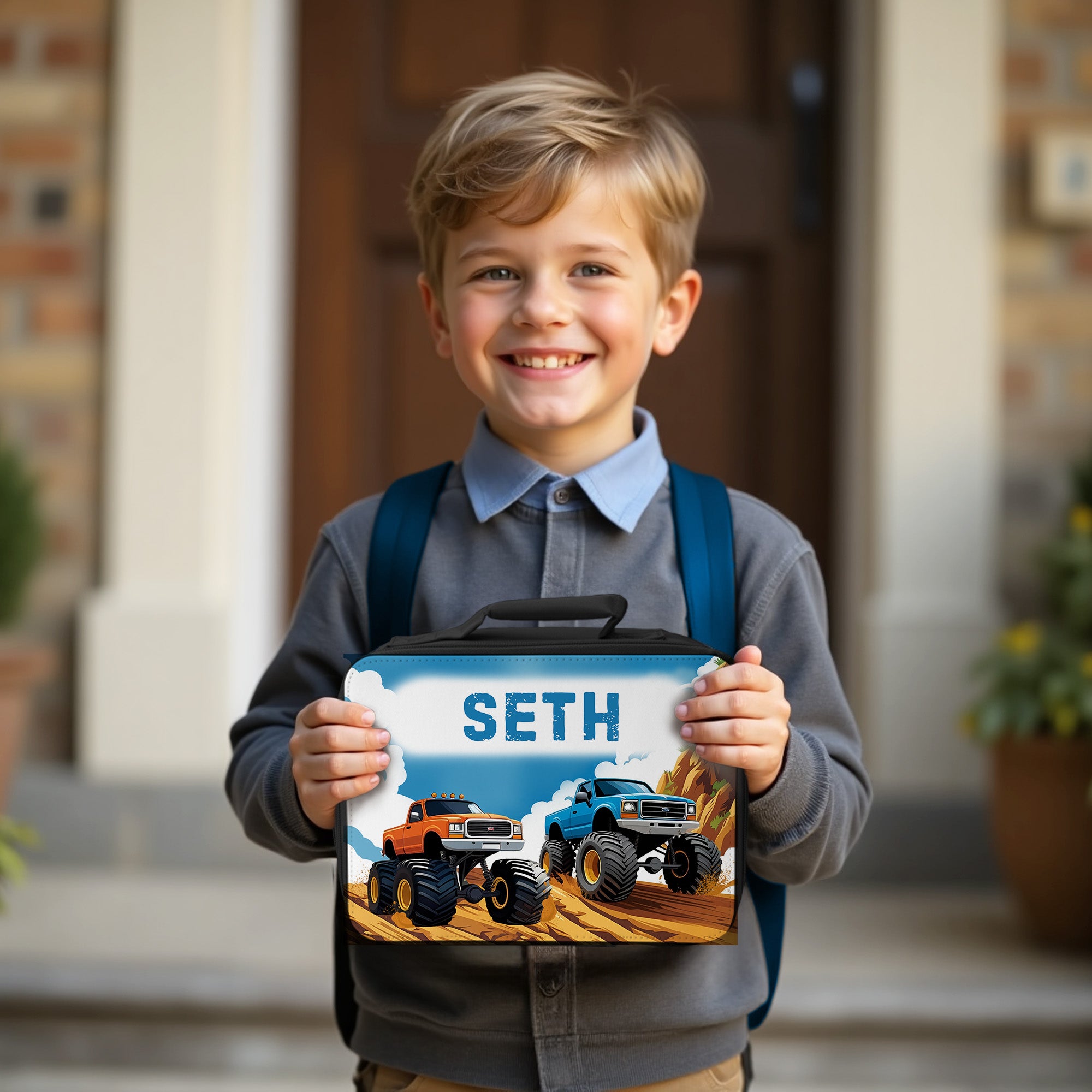 The perfect personalized lunch box for boys featuring a monster truck design and custom name.