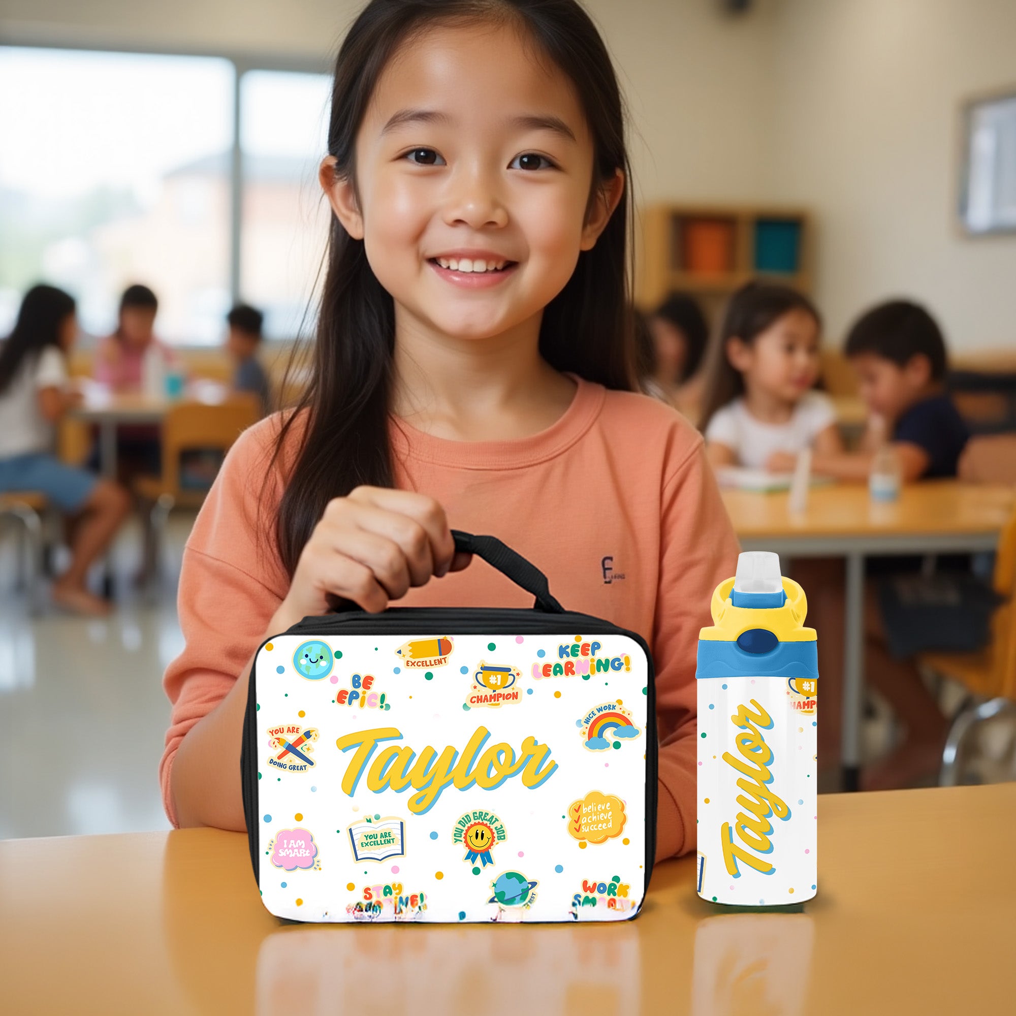 Custom lunch box with name and matching water bottle for school, perfect for boys and girls.