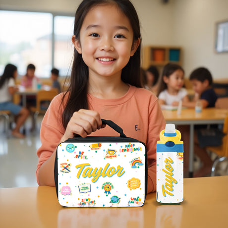 Custom lunch box with name and matching water bottle for school, perfect for boys and girls.