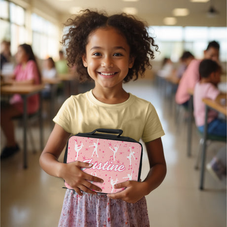 Personalized back to school lunch bag and tumbler for little girls, custom with name and pink.