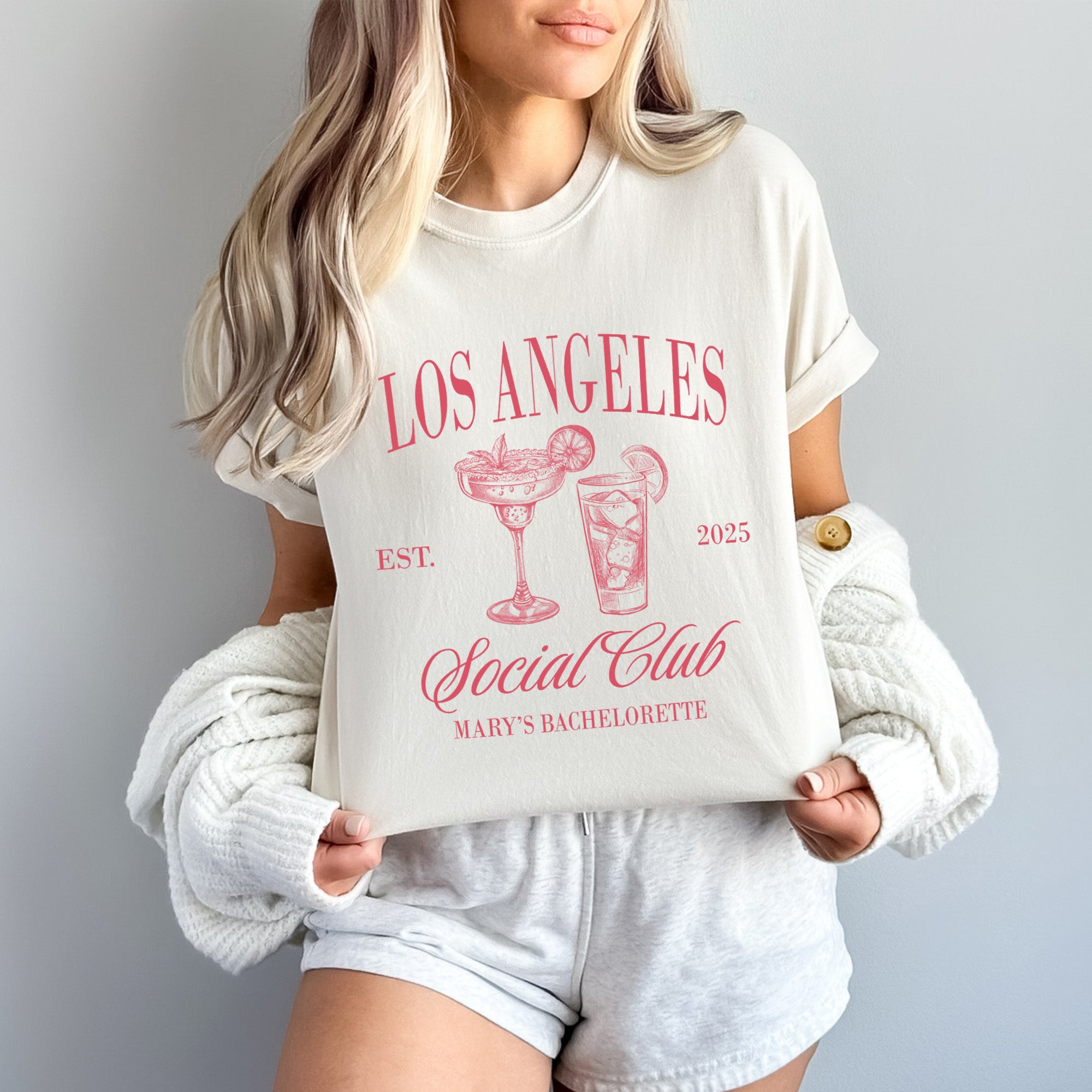 Bride and bridesmaid shirts with custom location in Comfort Colors style, ideal for bridal party gifts and bachelorette trip shirts