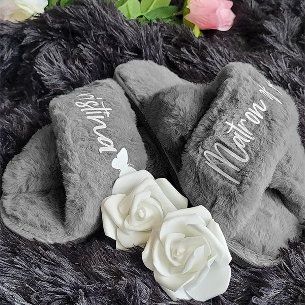 BluChi Personalized Fluffy Slippers for Women/ Bridesmaid & Bride Gift