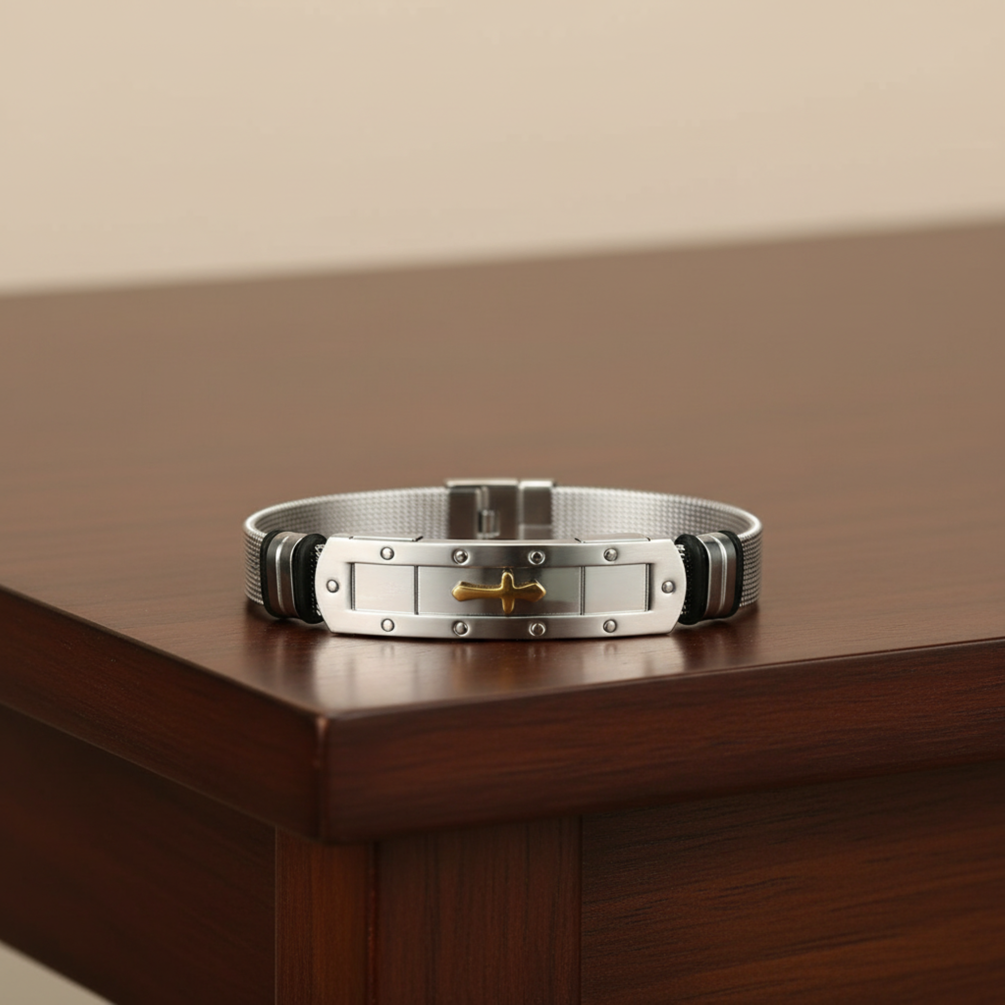 Mens Stainless Steel Bracelet with Adjustable Mesh Band and Buckle Clasp, Christian Bracelet with Cross