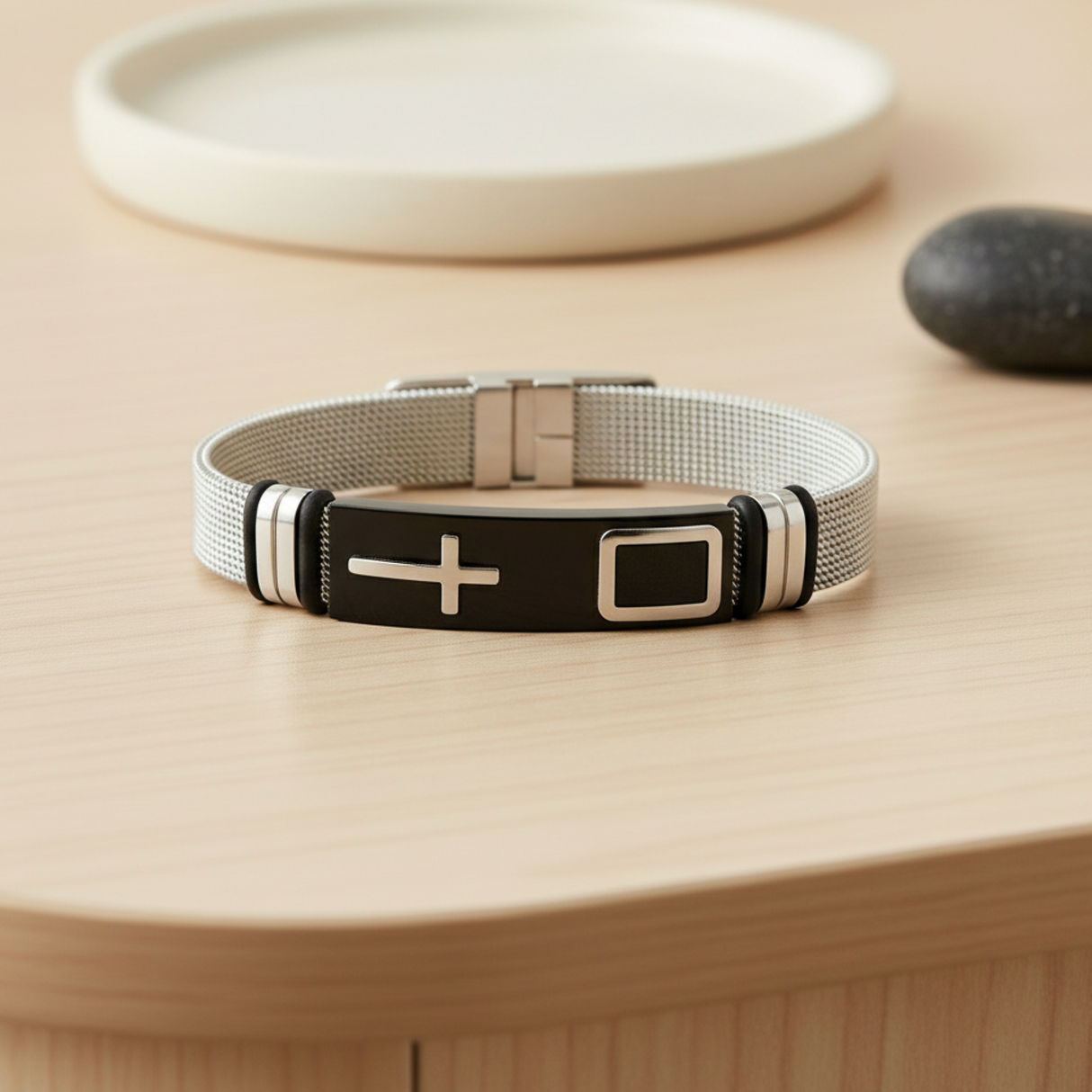 Mens Stainless Steel Bracelet with Adjustable Mesh Band and Buckle Clasp, Christian Bracelet with Cross