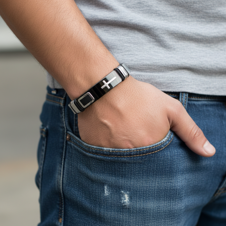 Mens Stainless Steel Bracelet with Cross - Mesh Adjustable Band with Buckle Clasp - Model - Black/Silver