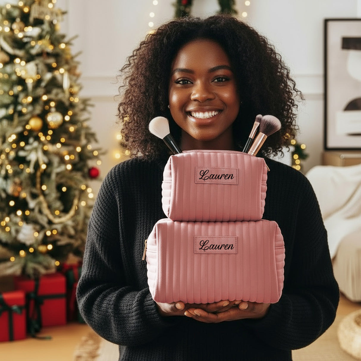 Personalized Velvet Makeup Bag Matching Set with Name