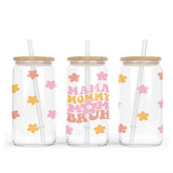This Mama Mommy Mom Bruh Iced Coffee Glass Can features the cute phrase with colorful flowers.  This tumbler comes with lid and straw.