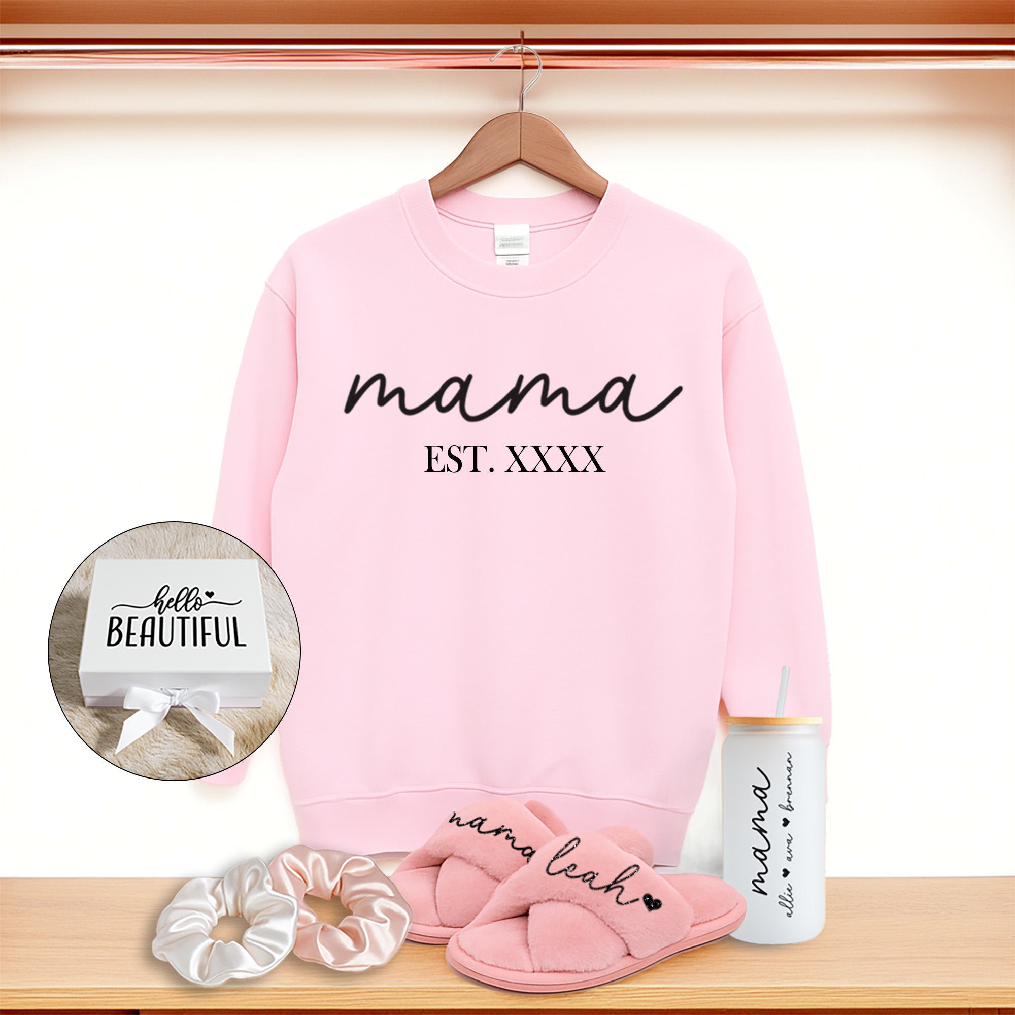 Cute gift set for mom with custom Mama sweatshirt, fluffy slippers, Libbey glass coffee can, and scrunchies. The best gift basket for mom. Personalized birthday gift for moms.
