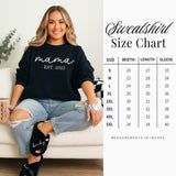 Mama sweatshirt with established year size chart.  Part of a mom gift set that also includes slippers, glass can and scrunchies.