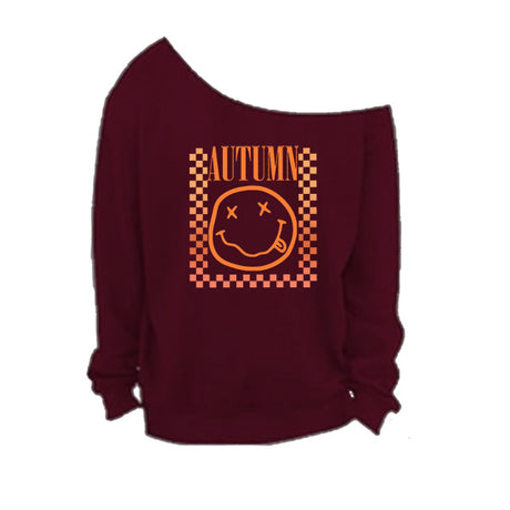 Maroon Off The Shoulder Sweatshirt with Autumn Season graphics.