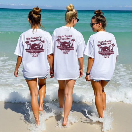 Custom beach vacation shirts for families with personalized names, perfect for group trips and summer getaways.