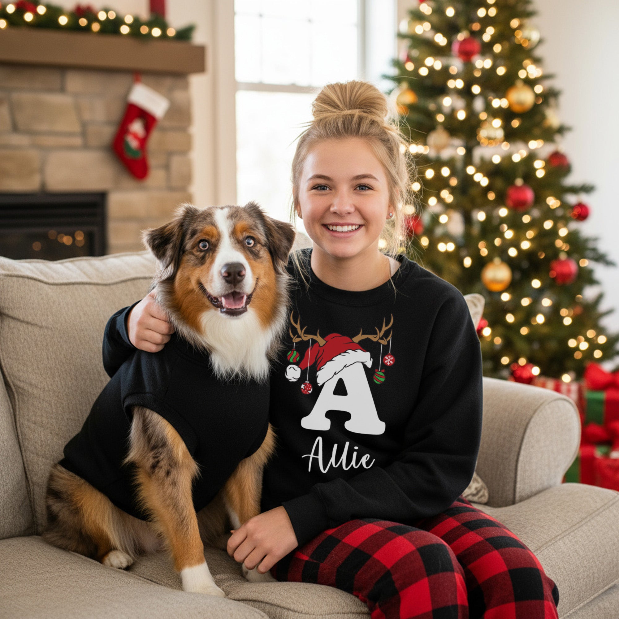 Reindeer Initial Personalized Dog Christmas Outfit with Name, Hoodies, Bandanas & Tanks, Sizes XS-3XL
