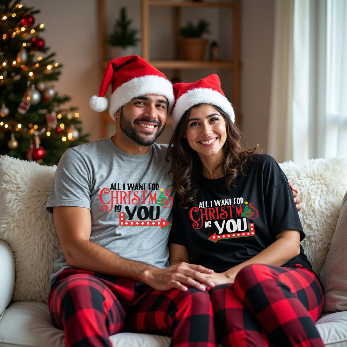 Matching couples Christmas shirts.